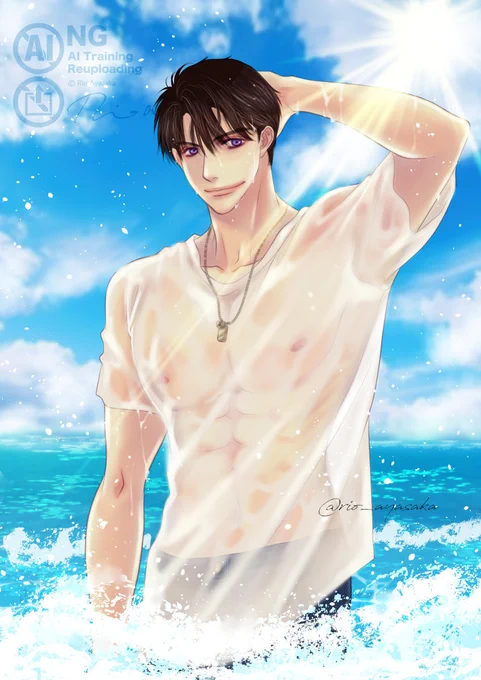 夏にーさん。 この下にあのパン……いえ、水着を着てるわけです。 #恋と深空二次創作 #マヒル #夏以昼 #Caleb #LoveandDeepspace #恋与深空