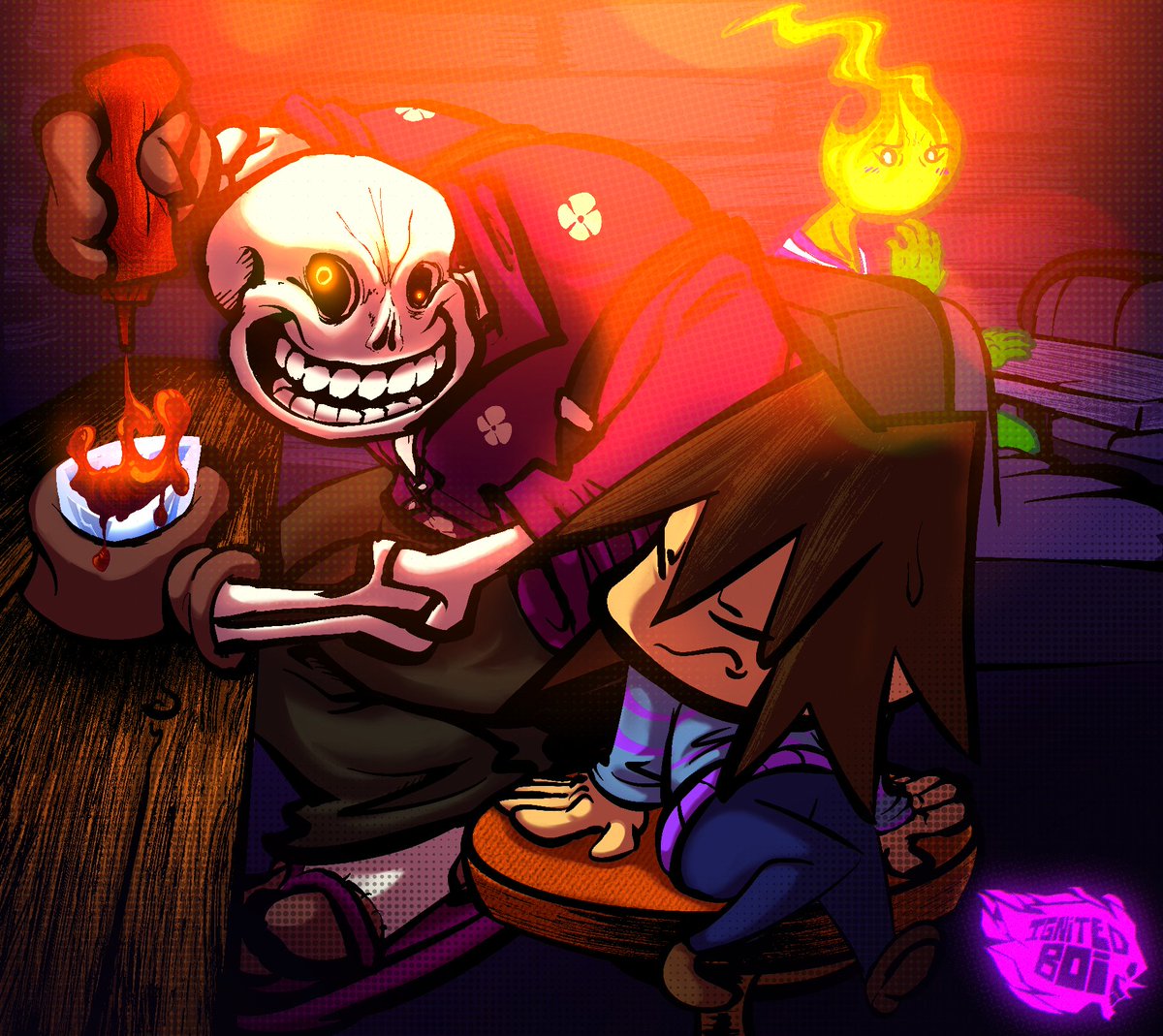 while Frisk had to wait for sans for hours while he went to the Bathroom the light suddenly flickers in Grillby’s place

suddenly a stranger skeleton just sitted on Frisk’s side as this one just stares directly to frisk while he drinks a glass of ketchup. <a href="/ThWinterReaper/">TheWinterReaper</a>