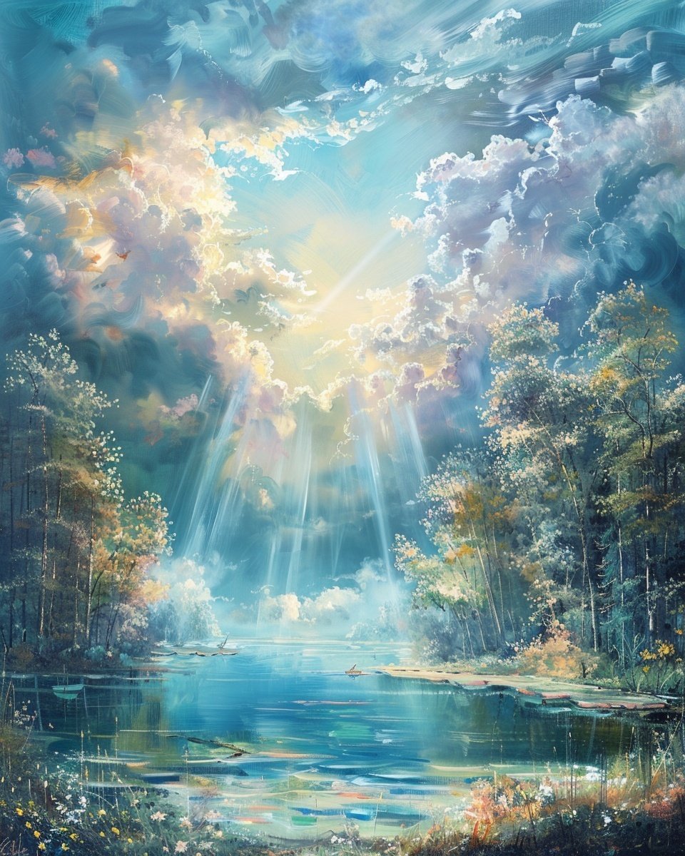 Runtelart's tweet photo. --Only when the clouds permit can true beauty be apparent☁️
#Dreamscape #EtherealSky #NatureArt #AIArtwork #CalmAndQuiet #PastelSky https://t.co/2miOHm96kT