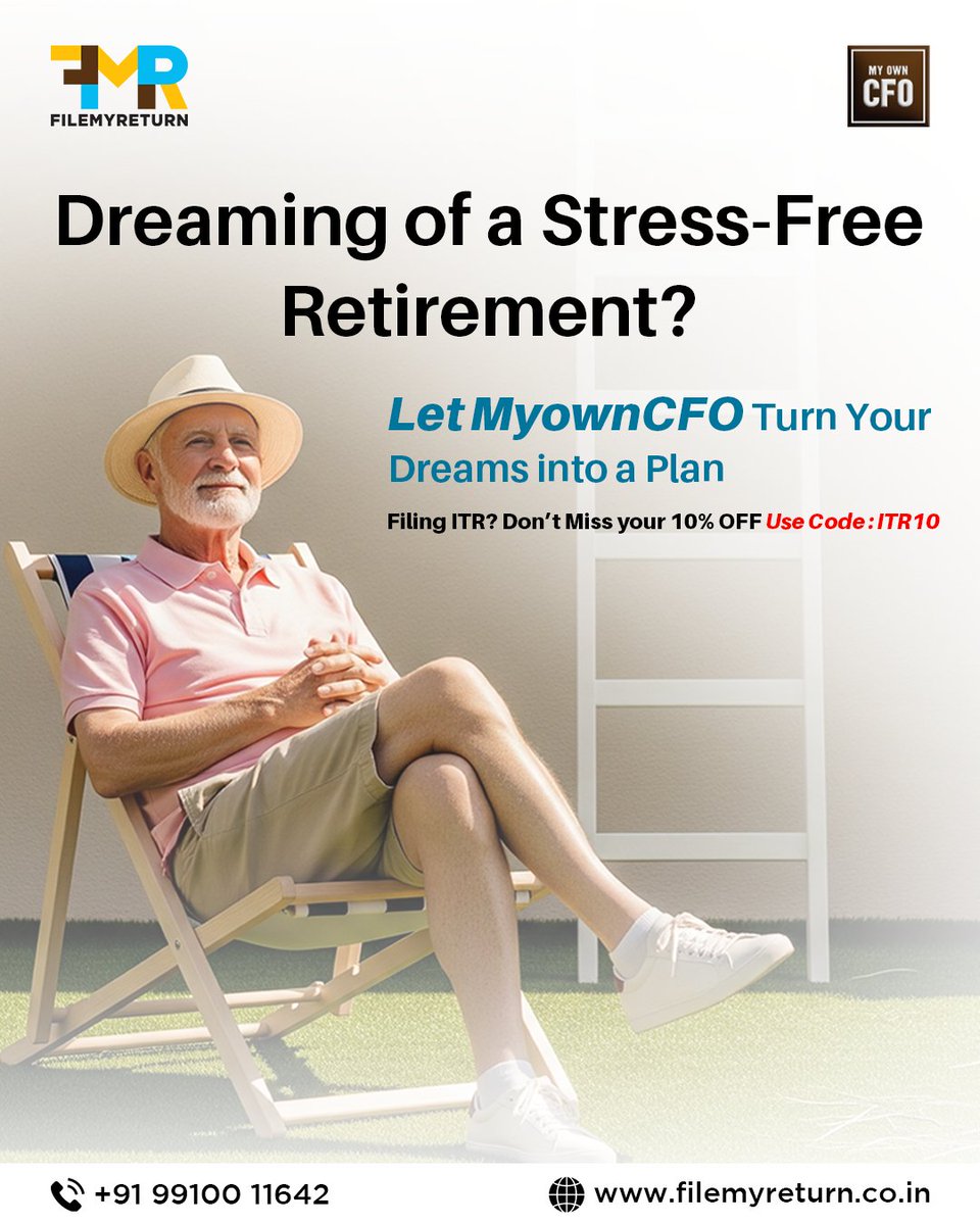 Filemyreturn2's tweet image. Dreaming of a stress-free retirement?
Your golden years should be about peace
Get 10% OFF on ITR Filing– Use Code: ITR10
+91 99100 11642
filemyreturn.co.in

#ﬁnancialfreedom #retirementplanning #moneymatters #smartinvesting #taxplanning  #financialsecurity #wealthmanagement