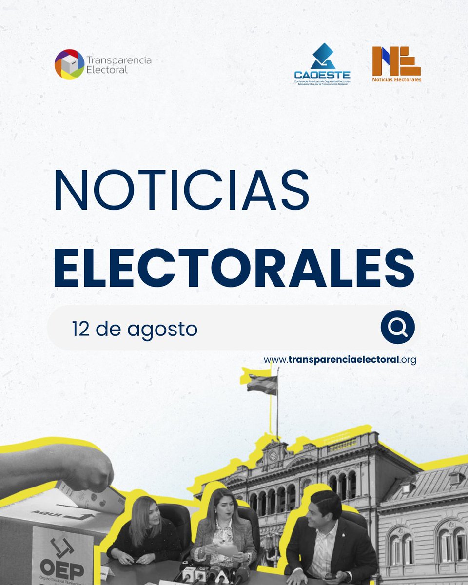 🗳️🌎 NOTICIAS ELECTORALES | 12 de agosto

📰 #TransparenciaElectoral te comparte tres noticias claves del día sobre las elecciones en América latina.

1️⃣Argentina concentra la mayoría de votantes bolivianos en el exterior según el TSE.
2️⃣CNE de Honduras ajusta el cronograma y