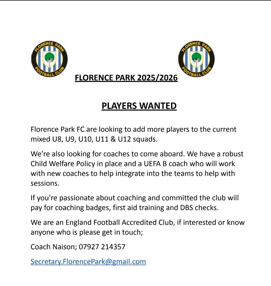 Florenceparkfc's tweet photo. Additional players wanted!!! https://t.co/JiUjv2qP8i