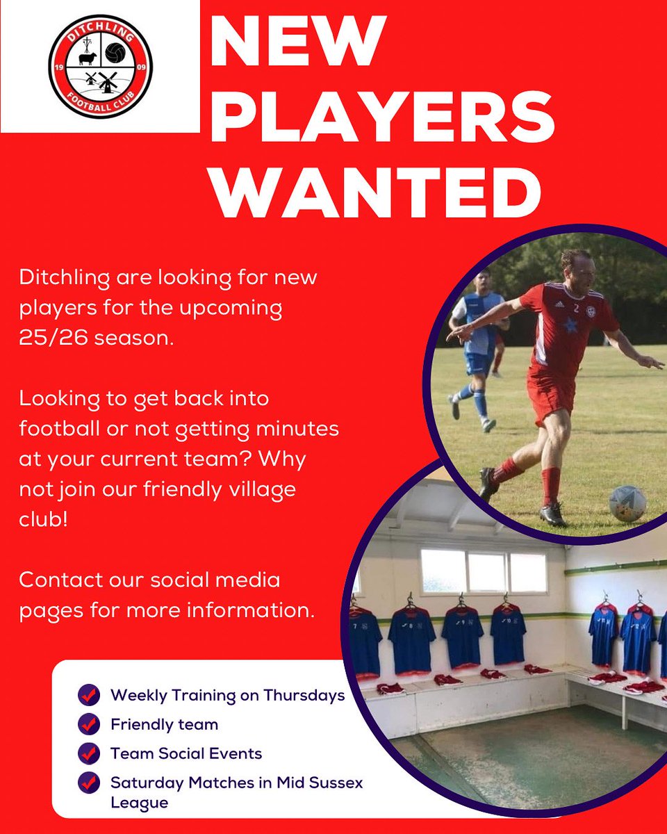 Ditchling FC (@ditchling_fc) on Twitter photo Ditchling FC are looking for new players ahead of the 25/26 season, drop us a message to find out more!
#sussexfootball #brightonfootball #grassrootsfootball <a href="/MidSussexFLOff1/">@MidSussexFLOfficial</a> Ditchling FC are looking for new players ahead of the 25/26 season, drop us a message to find out more!
#sussexfootball #brightonfootball #grassrootsfootball <a href="/MidSussexFLOff1/">@MidSussexFLOfficial</a>