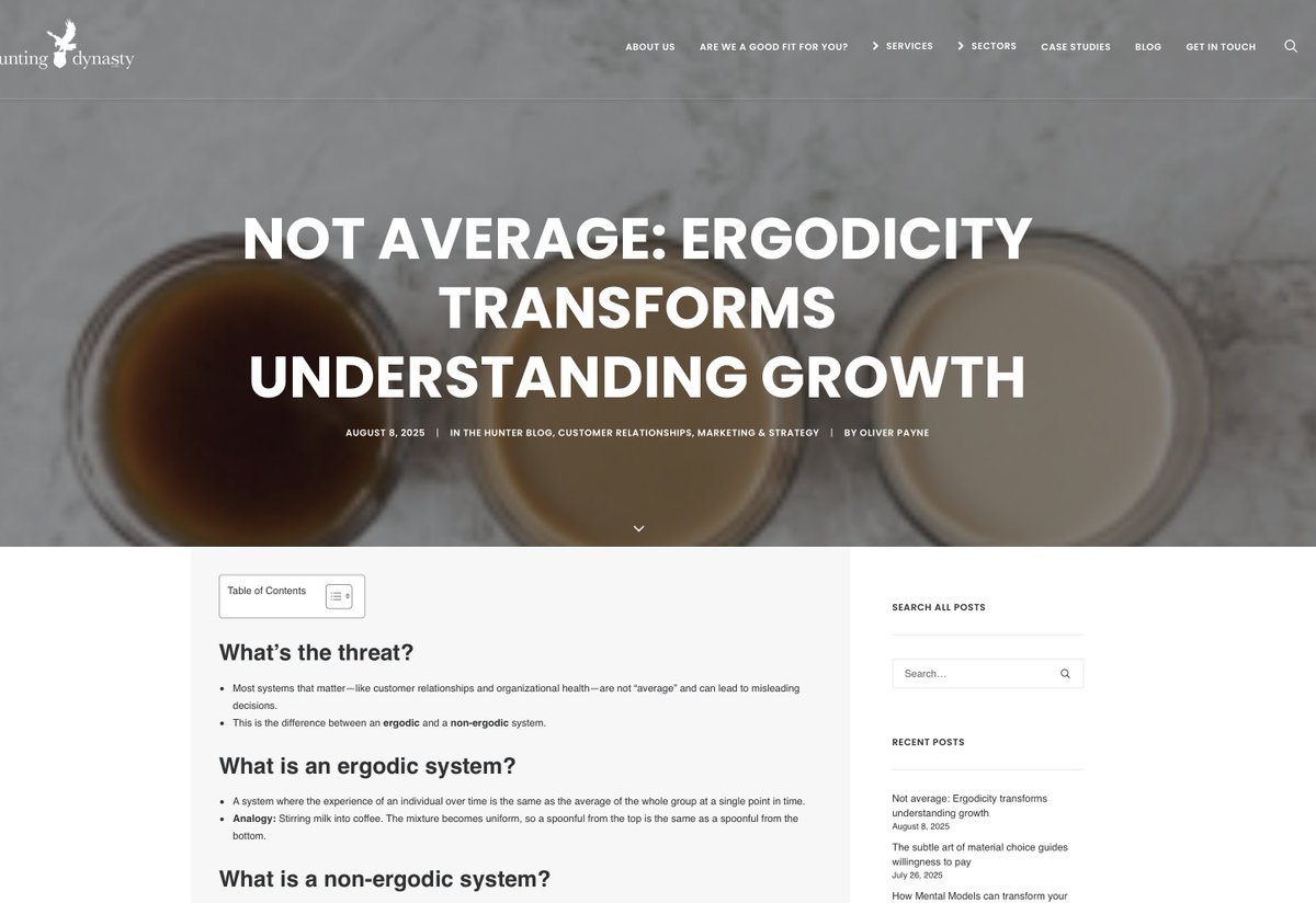 NEW BLOG --> 'Not average: Ergodicity transforms understanding growth' ...explained with milky coffee, and gambling!

The shift in perspective from group averages to individual journeys is not just a mathematical curiosity; it’s a powerful new way to see the world — and a more