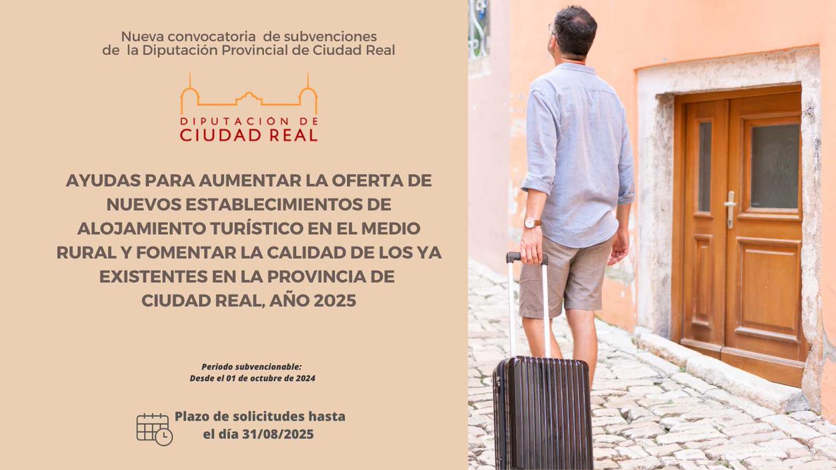 🏡✨ ¡Ayudas al turismo rural en Ciudad Real!

🔹 Hasta 30.000 € para nuevos alojamientos
🔹 Hasta 15.000 € para mejorar los existentes

👥 Autónomos/as, pymes y comunidades de bienes

📅 Solicita hasta el 31/08/25
📍 sede.dipucr.es/iniciaTramite/…

<a href="/DiputacionCR/">Diputación de C.Real</a>  #AyudasDiputación