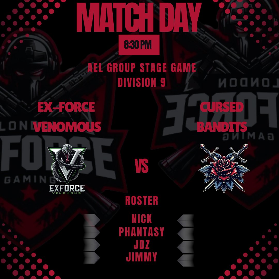 MATCH DAY 

📅 - Tuesday 12th 
🕣 - 830pm
🆚 - Cursed Bandits
 
<a href="/AMeLeague/">AEL - Amateur Esports League</a>

🔴 - <a href="/Im_Nickaay/">Nic McCormack</a> 
⚫ - @jordayyyjohnson
🔴 - <a href="/v_phantasy/">Aaron Abel</a> 
⚫ - Jimmy
