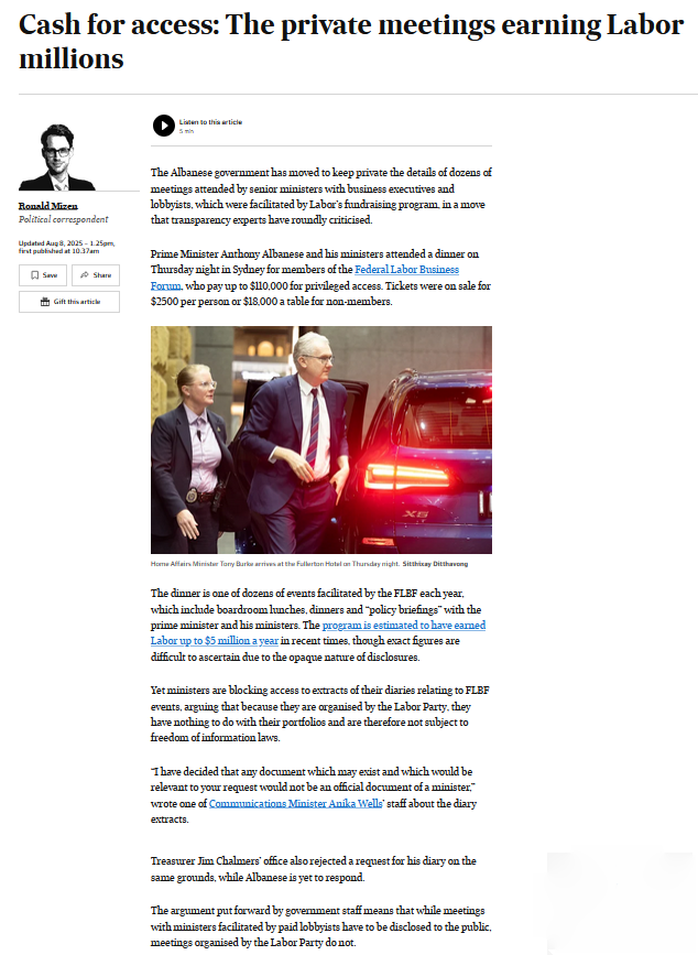dp60plus's tweet photo. Today's pick: one of few pieces from FR #auspol 
Cash for access: 
The private meetings earning Labor millions https://t.co/LhWESaEyfv