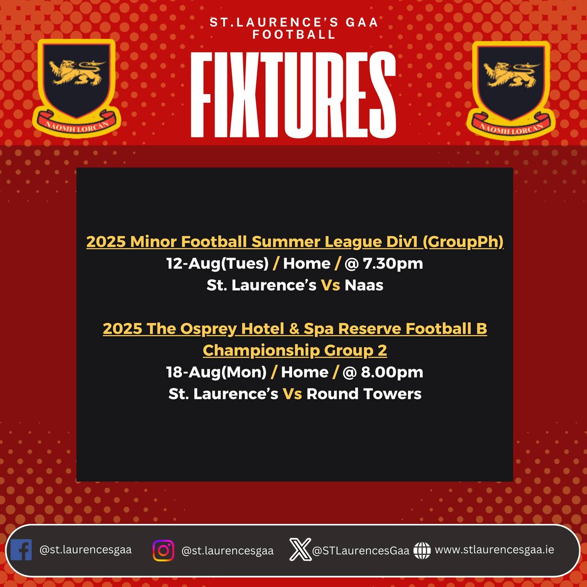 Wishing all our teams, coaches and management the very best of luck in there scheduled games this week. 
Please get behind the teams and cheer them on pitch side, €5 on the gate for senior home games. Your support is always greatly appreciated.