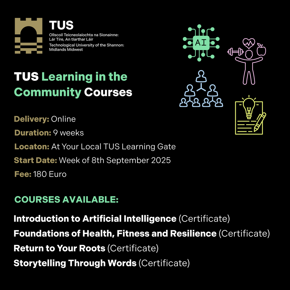 Exciting News from TUS!

DigiClare are delighted to support TUS Learning in the Community Series — bringing flexible, online learning right into the heart of communities across Ireland.

Visit tus.ie/flexible for more information. 

Registration closes Friday 29th August.