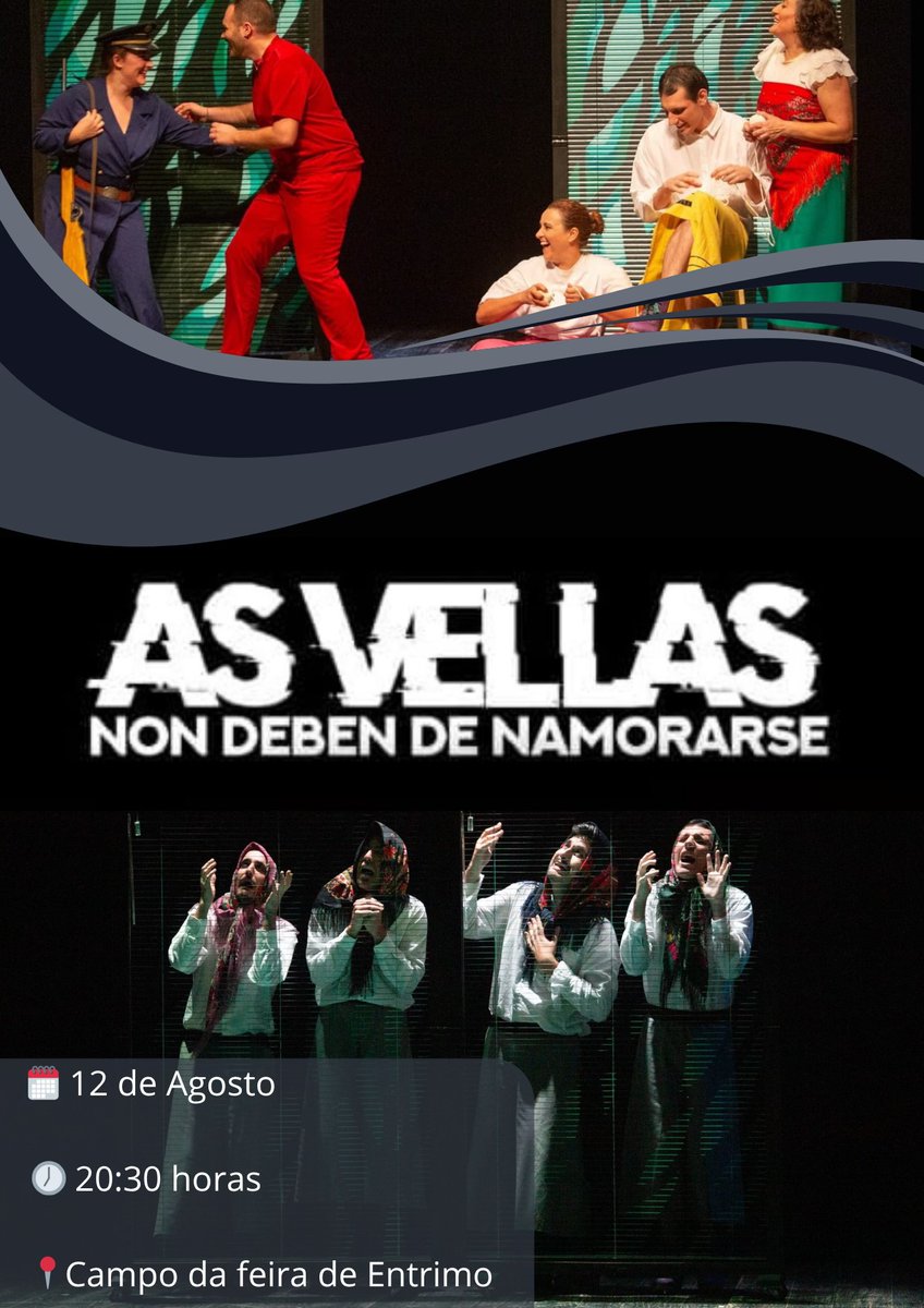 Se estás no Xurés, este é un bo plan cultural para esta noite en #entrimo
Unha versión atrevida e contemporánea da obra de Castelao, onde o amor, a idade e os prexuízos danse a volta. Porque os tempos cambian… e as vellas tamén teñen algo que dicir.
#xurés #teatrogalego