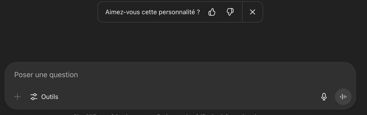 Un peu fou l'importance qu'a pris cette question de personnalité de gpt, avec tous ceux qui s'en sont fait une source de validation permanente. Perso je préfère la nouvelle