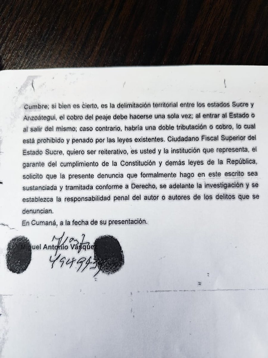 Miguel Vasquez (@miguelvasquez60) on Twitter photo A propósito del aumento indiscriminado de las tarifas del peaje en un 150 %, traigo a colación la solicitud de hace 16 meses ante la Fiscalia Superior del Ministerio Público en Cumaná, para que se revisara la legalidad de la existencia del Peaje de El Peñón A propósito del aumento indiscriminado de las tarifas del peaje en un 150 %, traigo a colación la solicitud de hace 16 meses ante la Fiscalia Superior del Ministerio Público en Cumaná, para que se revisara la legalidad de la existencia del Peaje de El Peñón