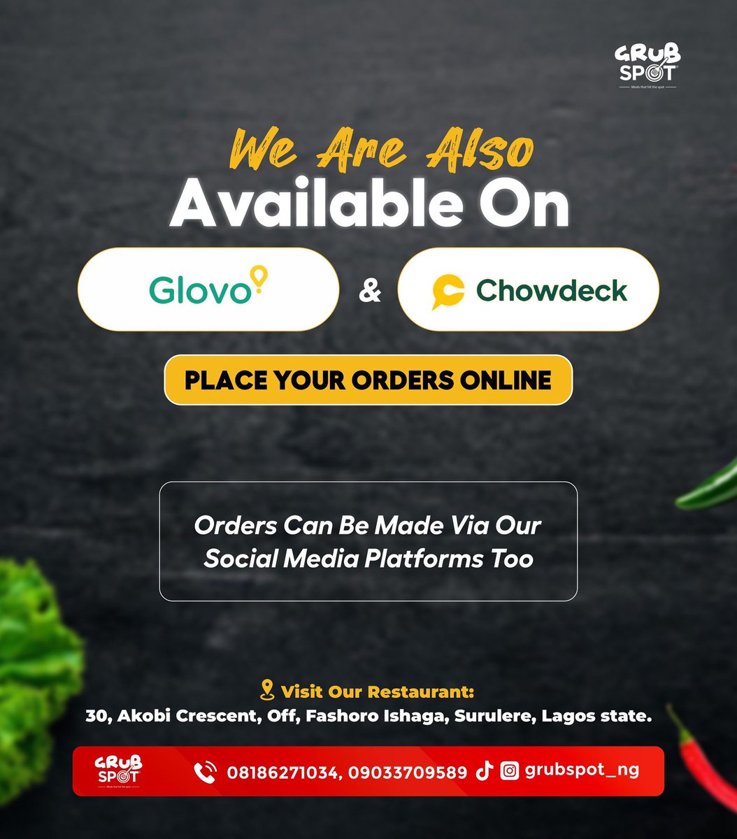 grubspotng's tweet photo. You can find us on @glovoapp_ng and @chowdeck . We are everywhere you can find good food☺️😁😍 You can always trust us to deliver 💯👌🏾

#glovofood #glovo #chowdeck #fastfoods #fingerfoods #grubspot #grubspot_ng https://t.co/XVhMYDM4aX