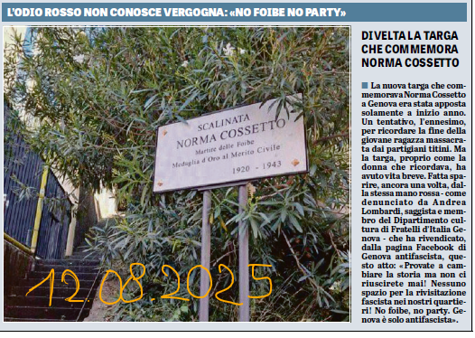 Erinni15's tweet photo. Divelta la targa che commemorava #NormaCrosetto A Genova apposta a inizio dell'anno, per ricordare la fine della ragazza massacrata dai partigiani titini
cit. https://t.co/5tYeN1vo3S