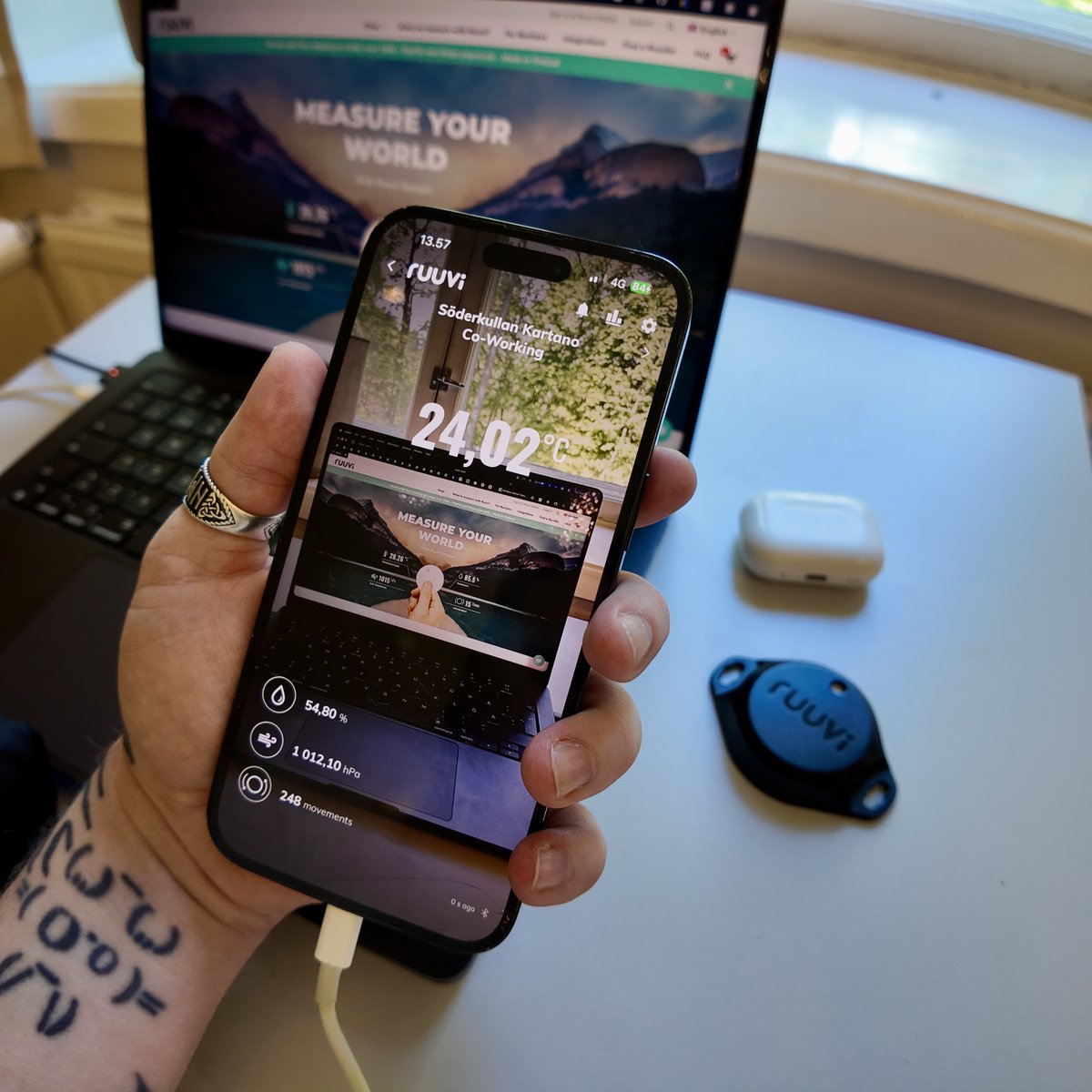 Excited to try out #coworking at Söderkullan Kartano with Ruuvi sensor keeping track of the environment! Temperature hit 24°C, definitely warm, but still cozy enough for a productive afternoon. Ruuvi lets you measure your world for truly informed working comfort. How do you