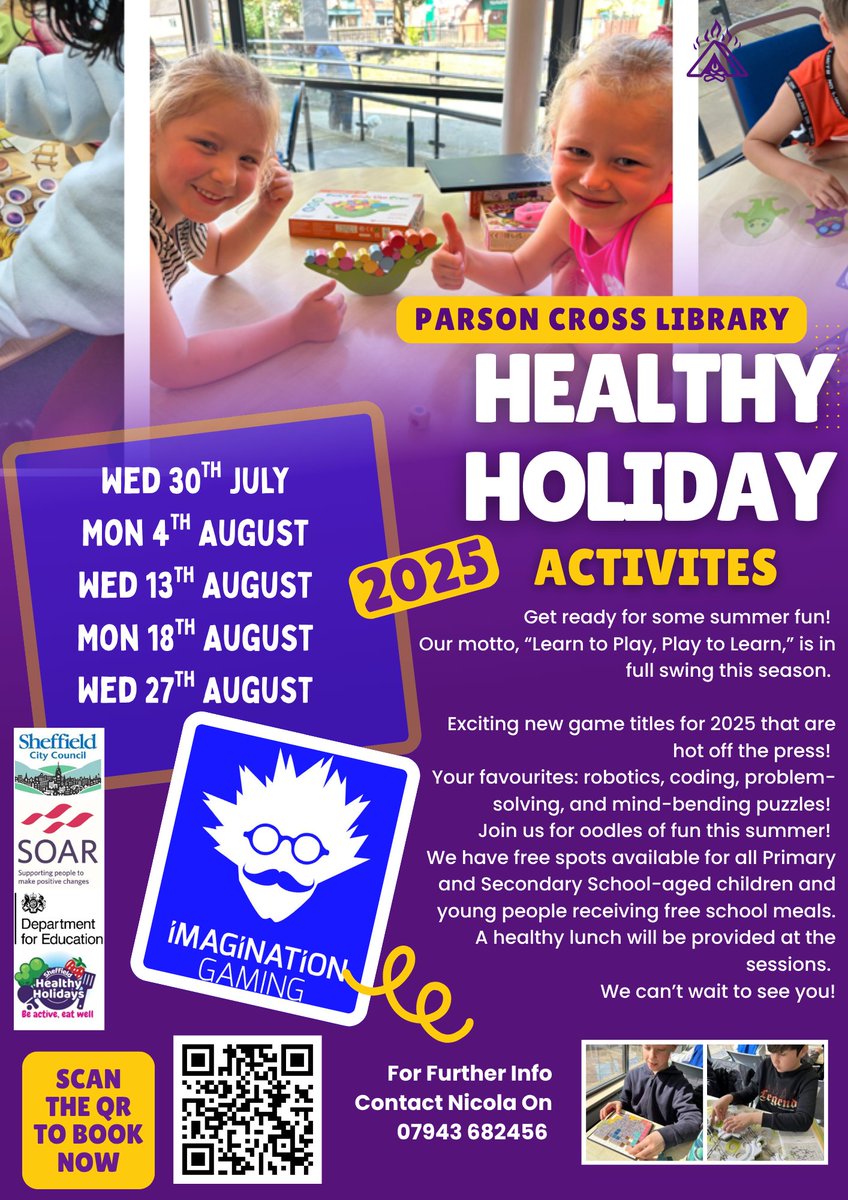 <a href="/imagigaming/">Imagination Gaming</a> has a few places left at Parson Cross &amp; Chapeltown Libraries in #Sheffield this summer! 
Join us for fun-filled activities as part of #Sheffield #HealthyHolidays 
Limited spaces, book now and make this summer unforgettable! 
#haf2025