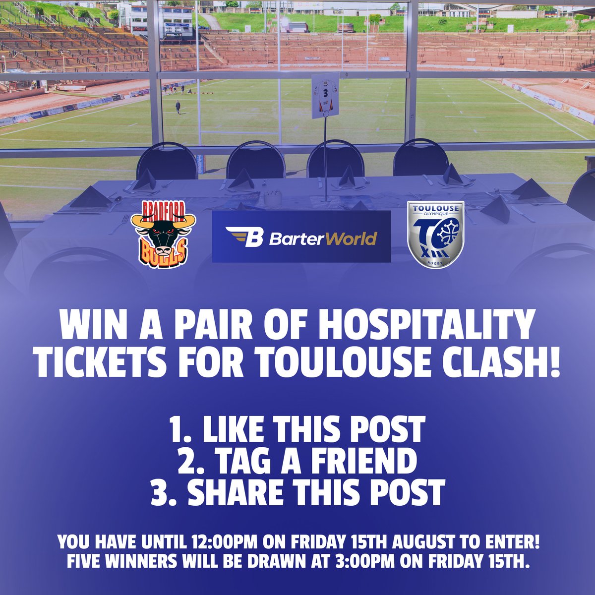 Bradford Bulls (@officialbullsrl) on Twitter photo π WIN HOSPITALITY TICKETS! π
Thanks to our Stadium sponsors BarterWorld, weβre giving away 5 pairs of Hospitality tickets for our huge upcoming clash against Toulouse Olympique! ππ₯
Hereβs how to enter:
1οΈβ£ Like this post
2οΈβ£ Tag a friend youβd bring along
3οΈβ£ Share/RT this π WIN HOSPITALITY TICKETS! π
Thanks to our Stadium sponsors BarterWorld, weβre giving away 5 pairs of Hospitality tickets for our huge upcoming clash against Toulouse Olympique! ππ₯
Hereβs how to enter:
1οΈβ£ Like this post
2οΈβ£ Tag a friend youβd bring along
3οΈβ£ Share/RT this