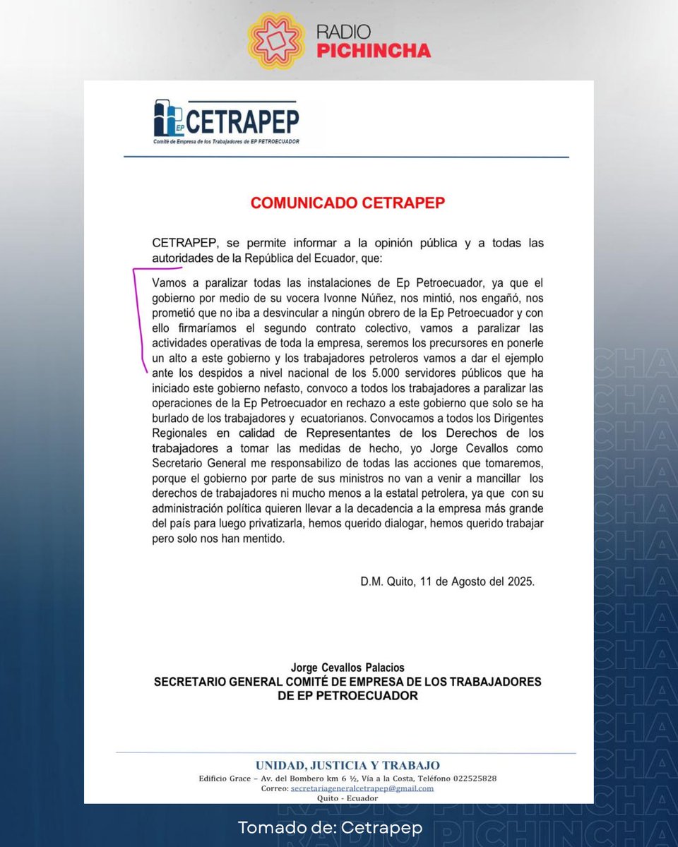 radio_pichincha's tweet photo. 🛑#Atención | El Comité de Empresa de los Trabajadores de EP Petroecuador anuncia paralizaciones de las actividades operativas de toda la estatal petrolera, en rechazo a las recientes desvinculaciones de 936 funcionarios. "El gobierno por medio de su vocera Ivonne Núñez, nos mintió, nos engañó, nos prometió que no iba a desvincular a ningún obrero", dice en un comunicado.