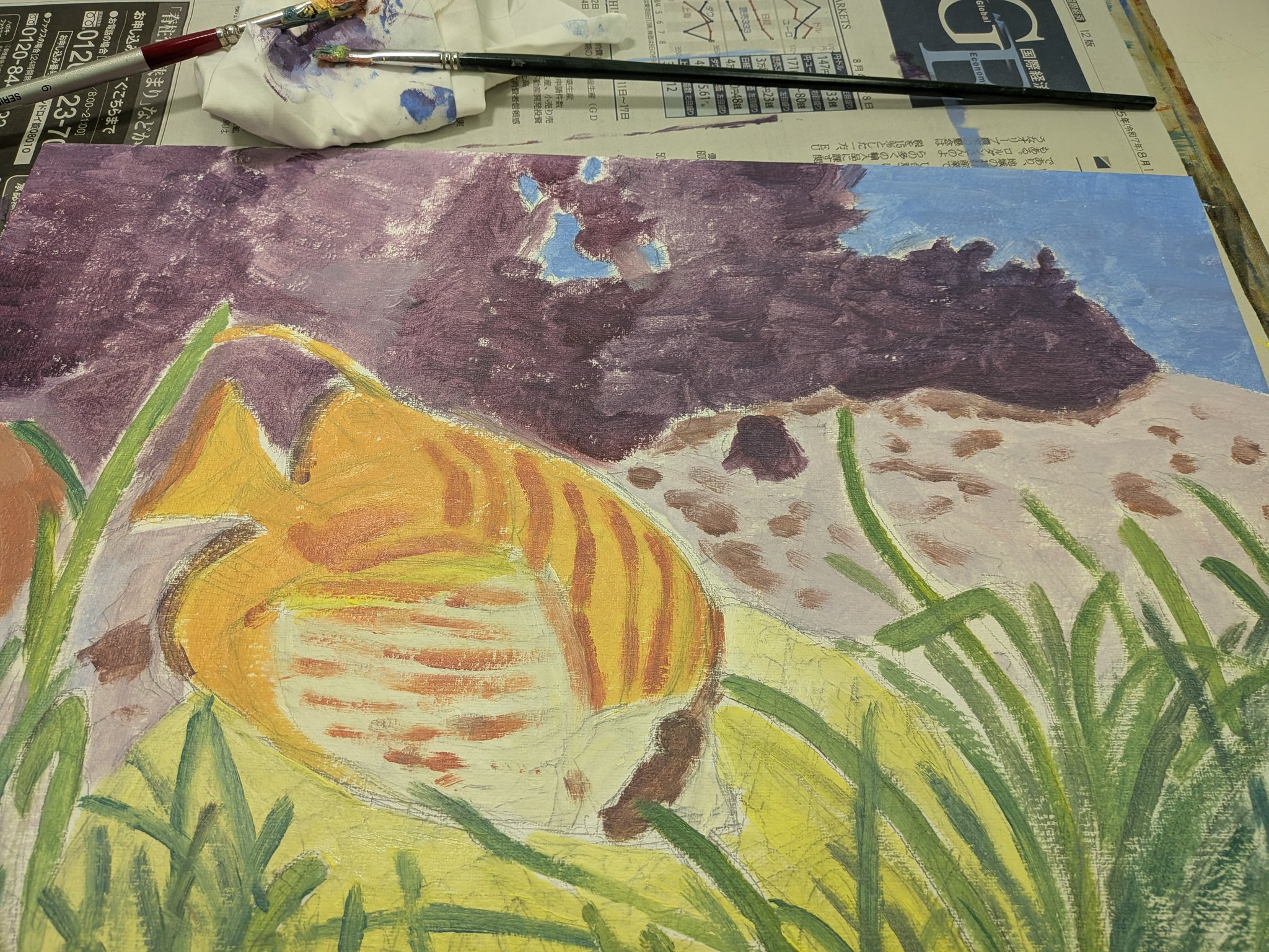 油絵、 葛西俊逸「水辺の休日」油絵・P8号 絵画買取・販売の小竹美術