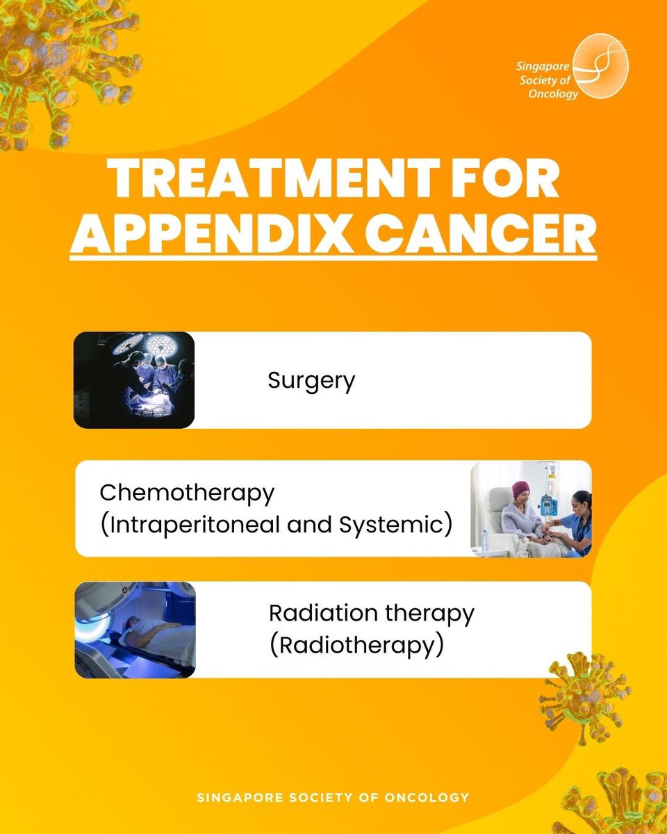 SSO_Singapore's tweet image. Mentioned are the main treatments for appendix cancer. 

Hope starts with the right treatment💛. Early care makes all the difference in appendix cancer.

#AppendixCancerAwareness #CancerCare #CancerAwareness #CancerTreatments #SSO #SSOSingapore #SingaporeSocietyOfOncology