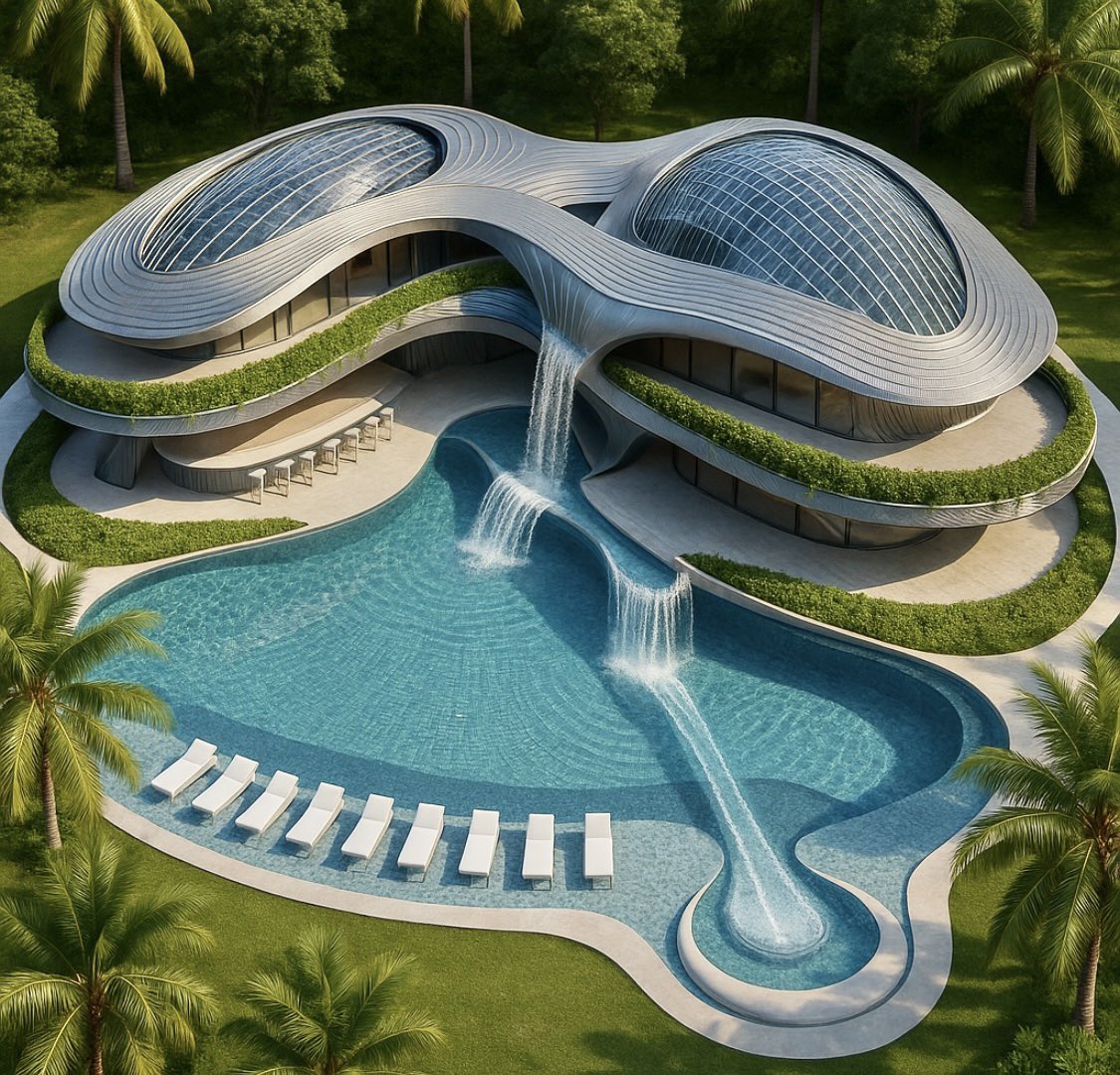 macstopa's tweet image. The development of my latest project, The Sunglasses House. An organic architecture surrounded by a tropical garden with a pool, slide, bar, and waterfall. Which version do you like best?