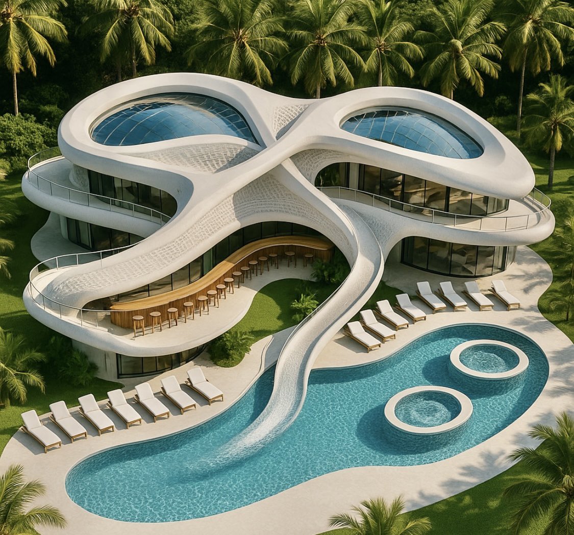 macstopa's tweet image. The development of my latest project, The Sunglasses House. An organic architecture surrounded by a tropical garden with a pool, slide, bar, and waterfall. Which version do you like best?