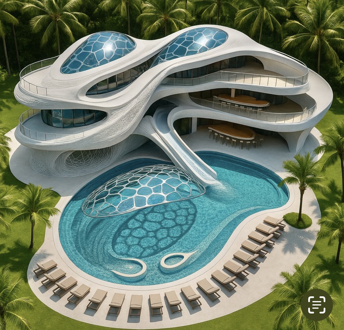 macstopa's tweet image. The development of my latest project, The Sunglasses House. An organic architecture surrounded by a tropical garden with a pool, slide, bar, and waterfall. Which version do you like best?
