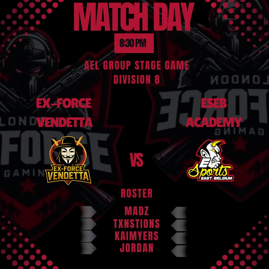 MATCH DAY!!

📅 - Tuesday 12th August 
🕣 - 830pm 
🆚 - Eseb Academy 
 
<a href="/AMeLeague/">AEL - Amateur Esports League</a>

🟠 - <a href="/Madzvii7/">MadzVII</a> 
⚫ - <a href="/Dynamoskill/">Txnsions</a> 
🟠 - <a href="/kaimyers_10/">Kai Myers</a> 
⚫ - @Jordanviper21

🎙️ - <a href="/GloriousTrickz/">Glorious Trickz</a> 
📺 - twitch.tv/glorioustrickz