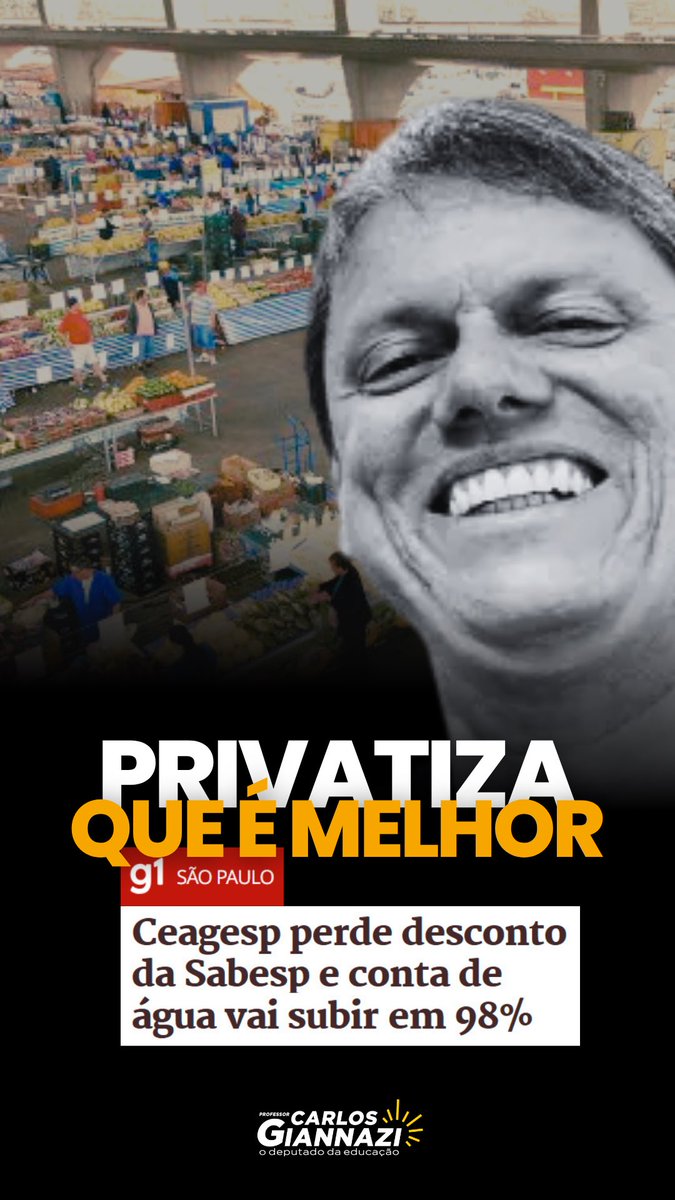 Com a #Sabesp privatizada, a conta chega rápido: a Ceagesp foi surpreendida com aumento de 98% nas tarifas de água e esgoto! Isso vai pesar no bolso de todos nós. Privatização é precarização! Sigo mobilizado ao lado da população contra esse retrocesso do governo bolsotucano.