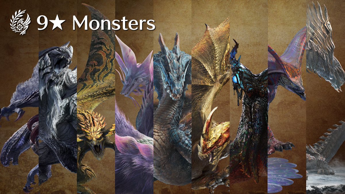 Monster Hunter (@monsterhunter) on Twitter photo 9★ Monsters – Extra Information
In Ver. 1.021, nine species of monster will represent our initial selection of 9★ Tempered monsters. Following this, when Free Title Update 3 arrives in late September, additional 9★ monsters will gradually appear in the game through Event 9★ Monsters – Extra Information
In Ver. 1.021, nine species of monster will represent our initial selection of 9★ Tempered monsters. Following this, when Free Title Update 3 arrives in late September, additional 9★ monsters will gradually appear in the game through Event