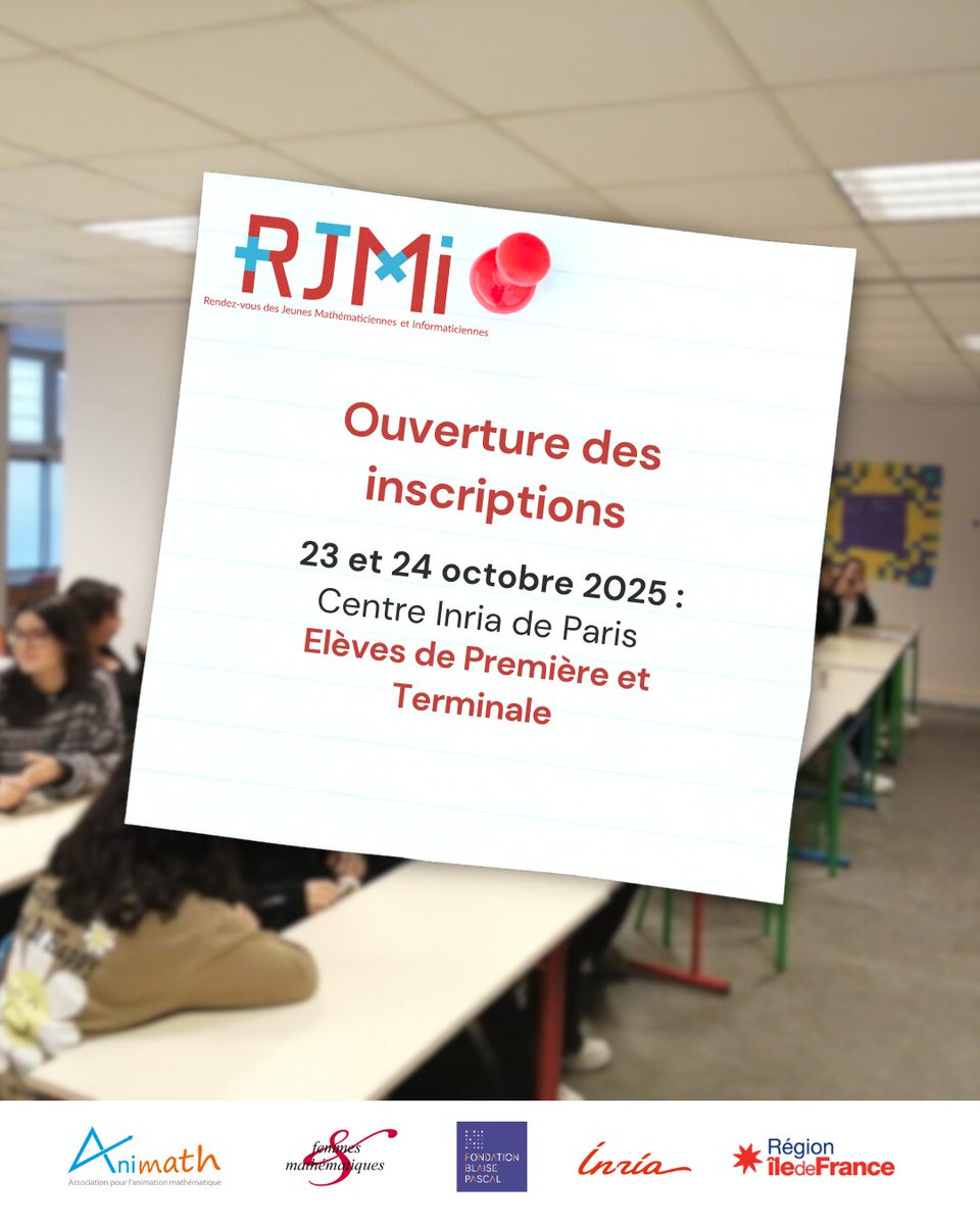 Filles, maths et informatique (@fillesetmaths) on Twitter photo 🚀 Les Rendez-vous des Jeunes Mathématiciennes et Informaticiennes reviennent à la rentrée ! 💻
📍Centre <a href="/Inria_Saclay/">Centre Inria de Saclay</a> – 20 au 21 octobre
📍Centre <a href="/inria_paris/">Centre Inria de Paris</a> – 23 et 24 octobre
🔗 Infos & inscriptions : filles-et-maths.fr/rjmi/ 🚀 Les Rendez-vous des Jeunes Mathématiciennes et Informaticiennes reviennent à la rentrée ! 💻
📍Centre <a href="/Inria_Saclay/">Centre Inria de Saclay</a> – 20 au 21 octobre
📍Centre <a href="/inria_paris/">Centre Inria de Paris</a> – 23 et 24 octobre
🔗 Infos & inscriptions : filles-et-maths.fr/rjmi/
