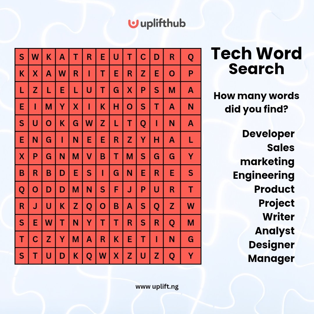 uplifthubng's tweet image. Can you find the tech roles in the cross word search?

let&apos;s play the discovery game together.

Write out the words you can find in the comment.

Hint: Look vertically and horizontally.

#uplifthub
#techgames
#wordsearch