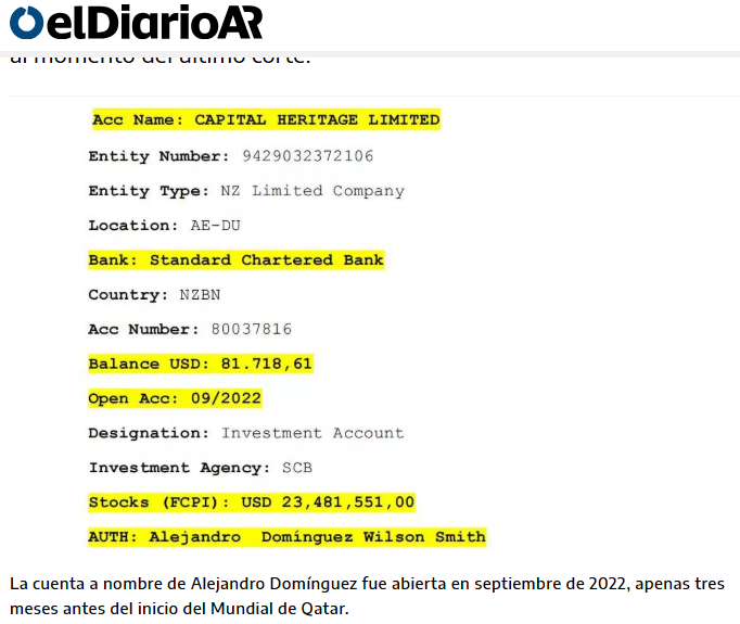 Una denuncia ante el Comité de Ética de la FIFA lo vincula con una cuenta en Dubái, a nombre de Capital Heritage Ltd, de la que sería titular exclusivo. Esa cuenta habría recibido US$ 23,48 millones, generando incomodidad en el último Congreso FIFA.