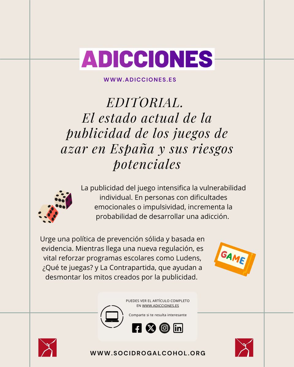 ¿Has leído este editorial de Adicciones? Te hacemos un resumen. Y si quieres leerlo completo, puedes hacerlo aquí: adicciones.es/index.php/adic… #juego #prevencion#programas