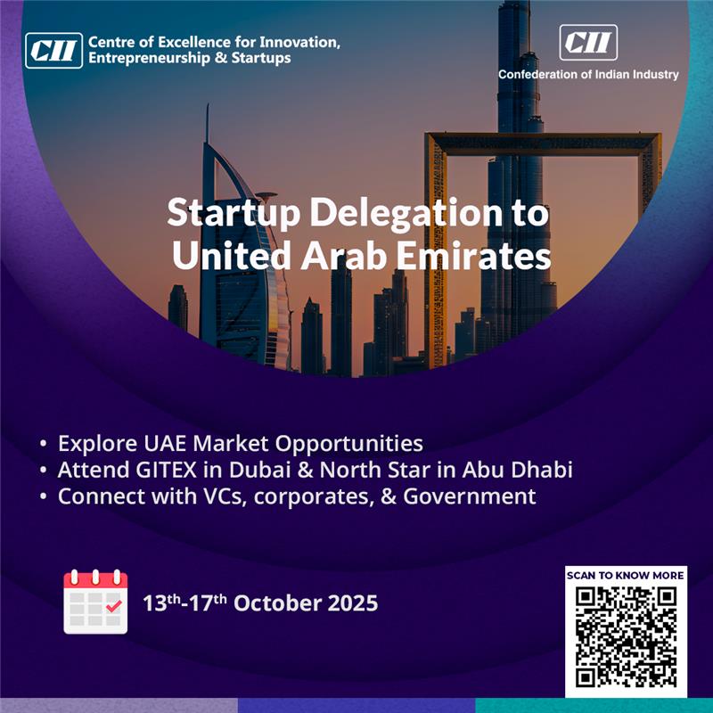 CII CIES Startup Delegation to UAE | 13th-17th October 2025.

Join us on a delegation to the UAE an 
Opportunity to connect, collaborate, and expand!

Scan the QR code or apply on the link here to know more &amp; secure your spot.

Link: forms.mycii.in/form/b32025e4-…