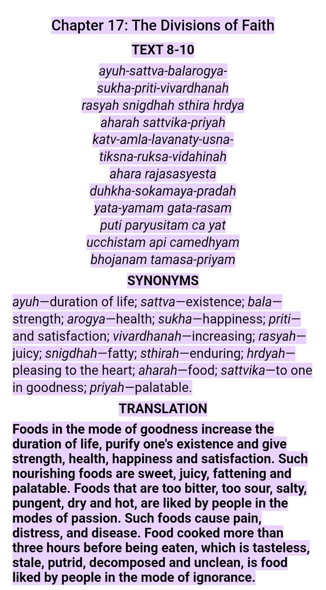 nob12deficiency's tweet image. Foods that are juicy, fattening &amp;amp; palatable count as 'sattvik'. Fatty or 'snighdh' food is sattwik. Hence, red meat is sattwik. Mutton (3% fat), beef (30% fat maximum) &amp;amp; carabeef should count as sattwik foods. How has no one thought of this before?

This quote is BG 17.8.