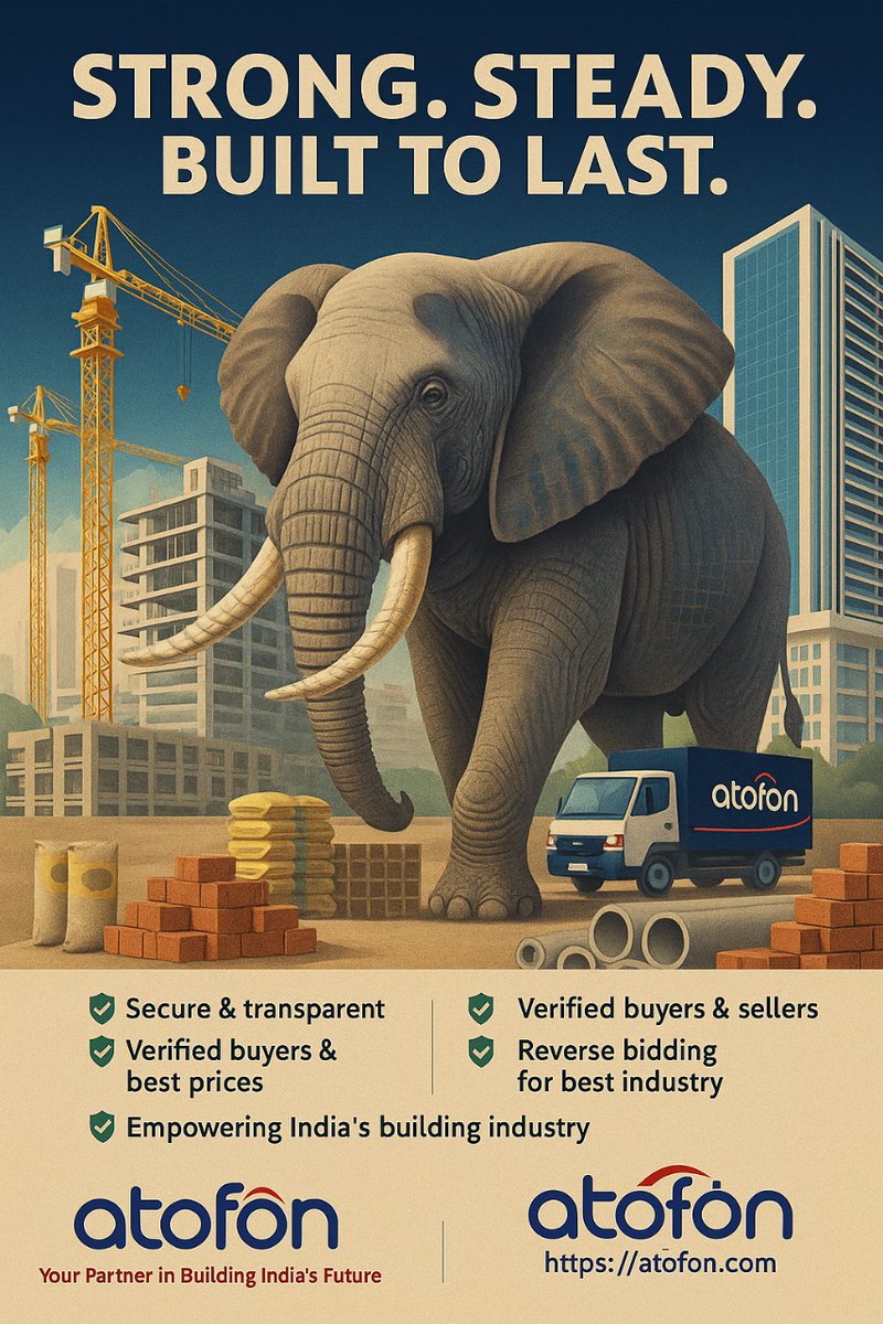 Ramesh_9922's tweet photo. 🐘 Strong. Steady. Built to Last.
On #WorldElephantDay, we celebrate the strength and reliability that India’s building industry deserves.

From cement to steel — ATOFON delivers trust, transparency, and long-term value.
Because great projects, like elephants, stand tall for generations.

🔗 https://t.co/LFIB7Bq4Zb

#ATOFON #ConstructionTech #BuildingMaterials #DigitalIndia #MadeInIndia #InfraSupplies #StrongAndSteady #B2BPlatform #ReverseBidding #TrustInEveryTransaction
