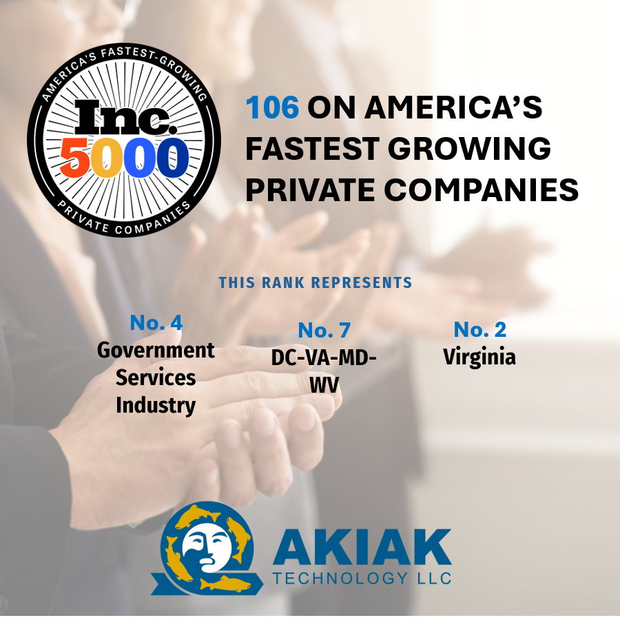 🏆Akiak Technology has landed at #106 on the <a href="/Inc/">Inc.</a> 5000  list of America’s fastest-growing companies!  This honor also includes ranking in the Inc. 500, considered a hallmark of entrepreneurial success and securing its reputation as a leading provider of AI driven digital