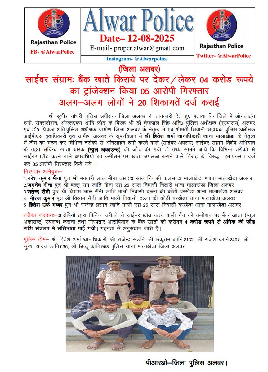 साईबर संग्रामः बैंक खाते किराये पर देकर / लेकर 04 करोड रूपये का ट्रांजेक्शन किया 05 आरोपी गिरफ्तार अलग-अलग लोगों ने 20 शिकायतें दर्ज कराई।

#RajasthanPolice <a href="/PoliceRajasthan/">Rajasthan Police</a> <a href="/IgpJaipur/">IGP Jaipur Range</a> <a href="/frauds_Alert/">Cyber Safety</a>