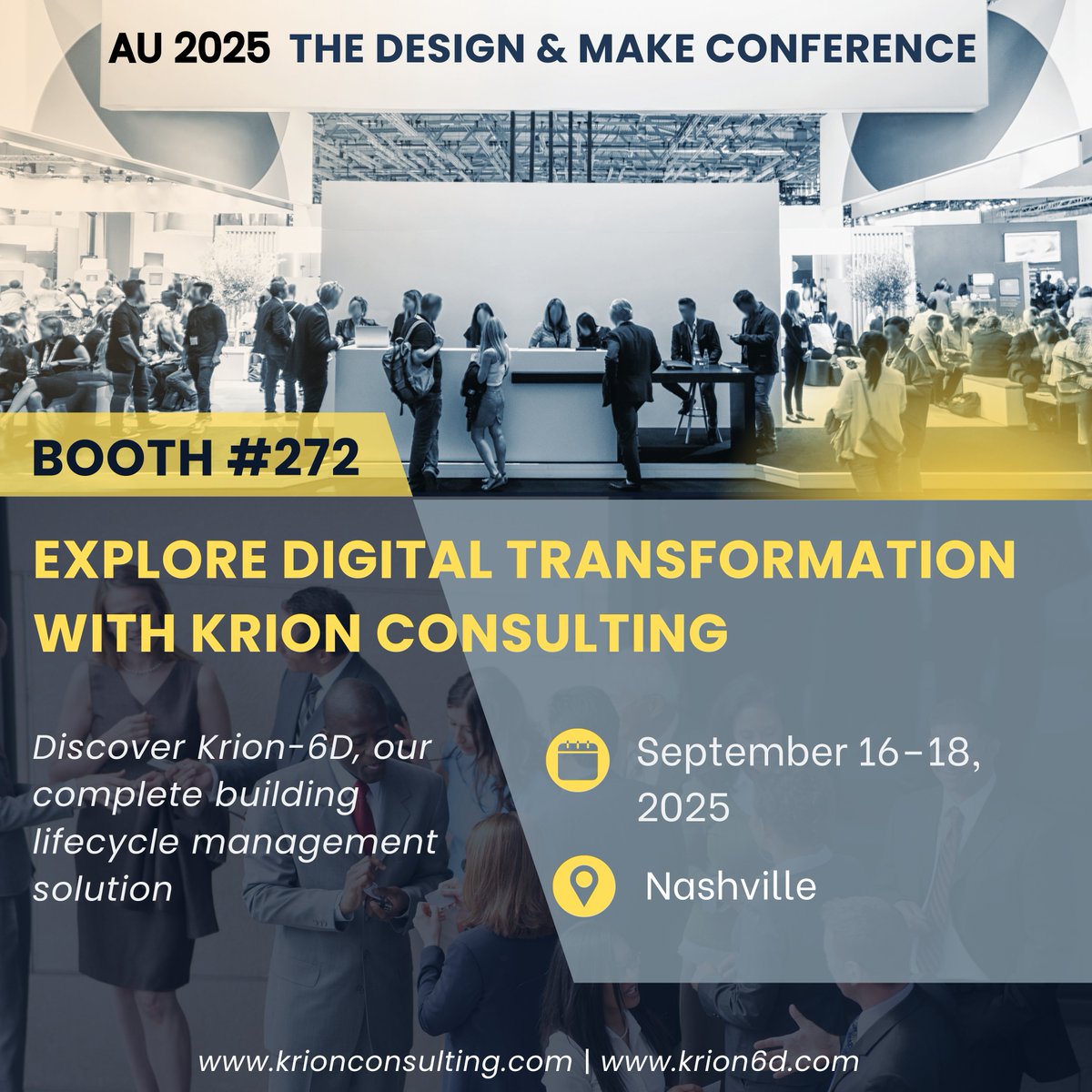KrionConsulting's tweet photo. We’re at #AU2025, Nashville!
Sept 16–18 |  Booth #272
Discover #Krion6D – smarter design, planning, building &amp; maintenance with BIM &amp; Digital Twin innovation.
🌐 https://t.co/S8WOsDKekR
#BIM #ConstructionTech #AECInnovation #KrionConsulting #DigitalTwin https://t.co/YTJkz48z3Y