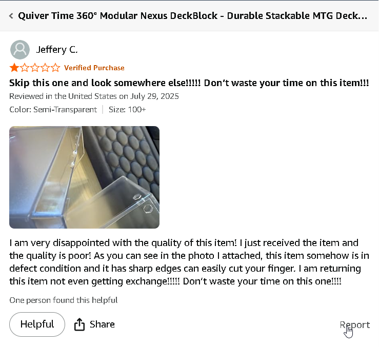 Our very first Amazon review for the Nexus Deck Block? A 1-star.
Ouch. 😅

We know this box has been designed with and for the community, so feedback from REAL players matters more than ever.
If you own a Nexus Deck Block, please consider leaving an honest review here:
Semi-Clear