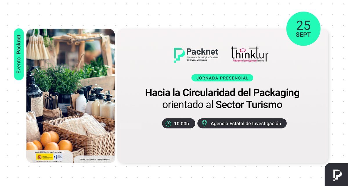 ThinkTur (@thinktur) on Twitter photo 👉 Save the date! 👈
✍ Ya puedes registrarte en la Jornada “Hacia la circularidad del packaging destinado al sector turismo” que celebramos con <a href="/Packnet_/">Packnet</a> el próximo 25/09 en la sede de la <a href="/AgEInves/">Agencia Estatal de Investigación</a> (Madrid)
🔎 Consulta el programa y reserva tu plaza ya: thinktur.org/eventos/evento… 👉 Save the date! 👈
✍ Ya puedes registrarte en la Jornada “Hacia la circularidad del packaging destinado al sector turismo” que celebramos con <a href="/Packnet_/">Packnet</a> el próximo 25/09 en la sede de la <a href="/AgEInves/">Agencia Estatal de Investigación</a> (Madrid)
🔎 Consulta el programa y reserva tu plaza ya: thinktur.org/eventos/evento…