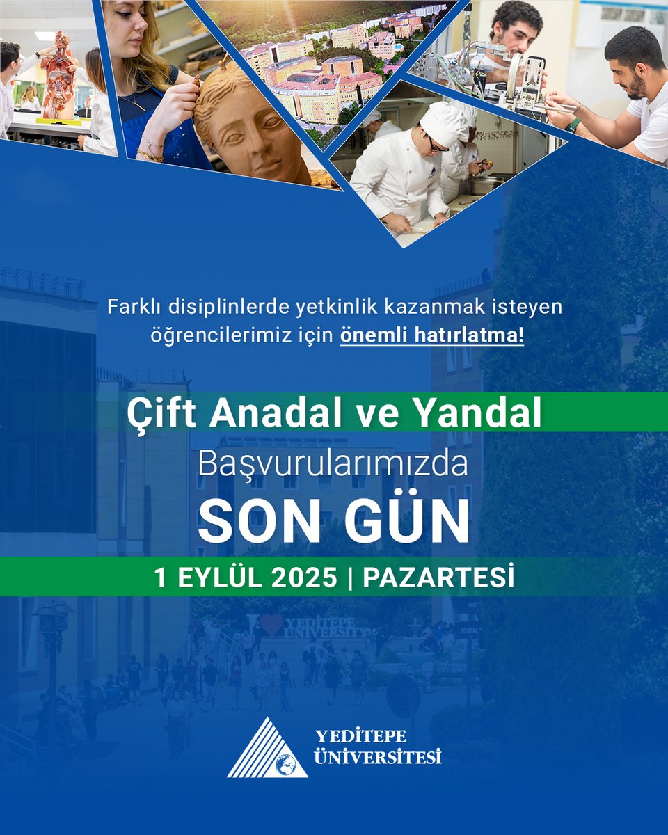 Farklı disiplinlerde yetkinlik kazanmak isteyen öğrencilerimiz için hatırlatma❗️ Çift Anadal ve Yandal programlarıyla, ilgi alanlarınızı genişletebilir, birden fazla alanda uzmanlaşabilirsiniz 💫
🗓️ Son başvuru tarihi: 1 Eylül 2025, Pazartesi
🔹 Başvurularınızı ilgili Fakülte /