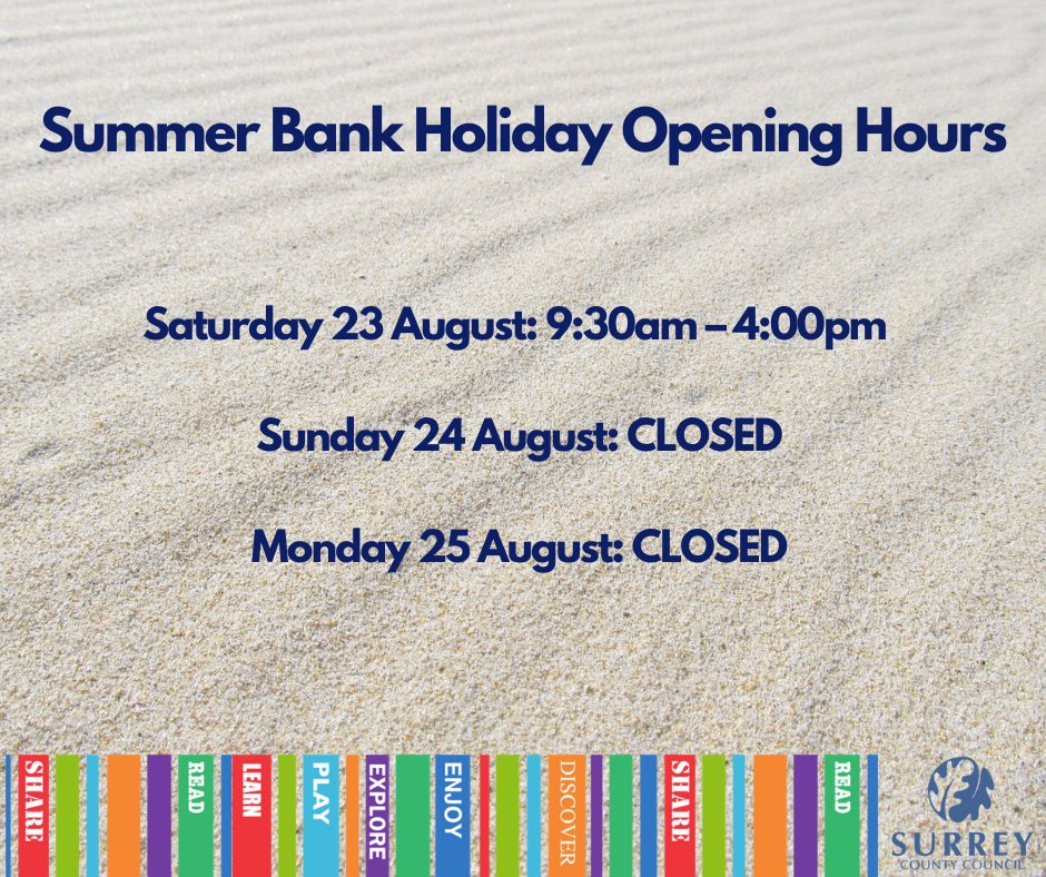 FrimleyGreenLib (@frimleygreenlib) on Twitter photo Our opening hours for the Summer Bank Holiday weekend. ☀
Normal opening hours resume on Tuesday 26th August.
#FrimleyGreen <a href="/SurreyLibraries/">Surrey Libraries UK</a> Our opening hours for the Summer Bank Holiday weekend. ☀
Normal opening hours resume on Tuesday 26th August.
#FrimleyGreen <a href="/SurreyLibraries/">Surrey Libraries UK</a>