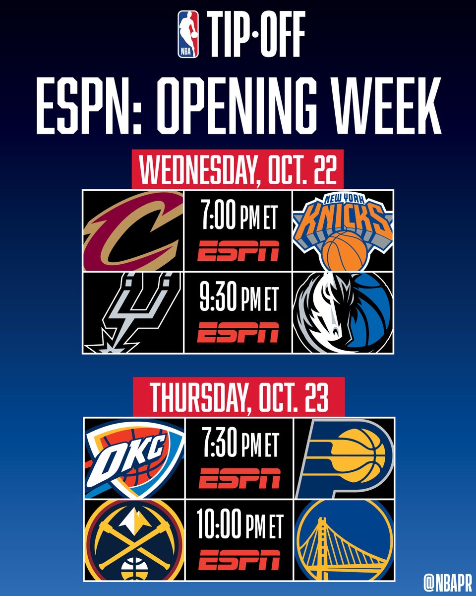 ESPN will begin its 2025-26 regular-season game coverage with opening-week doubleheaders on Wednesday, Oct. 22 and Thursday, Oct. 23.