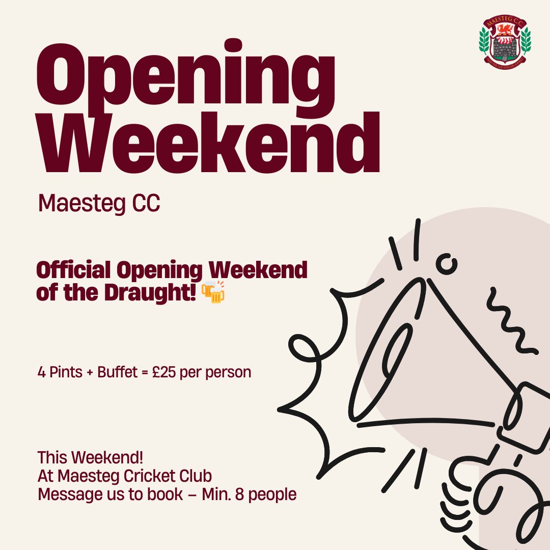 Huge thanks to everyone who backed the club last weekend — you drank us dry before the official opening weekend of the draught! 🏏

This weekend: 4 pints + buffet = £25pp (min. 8)

DM to book — limited spots!