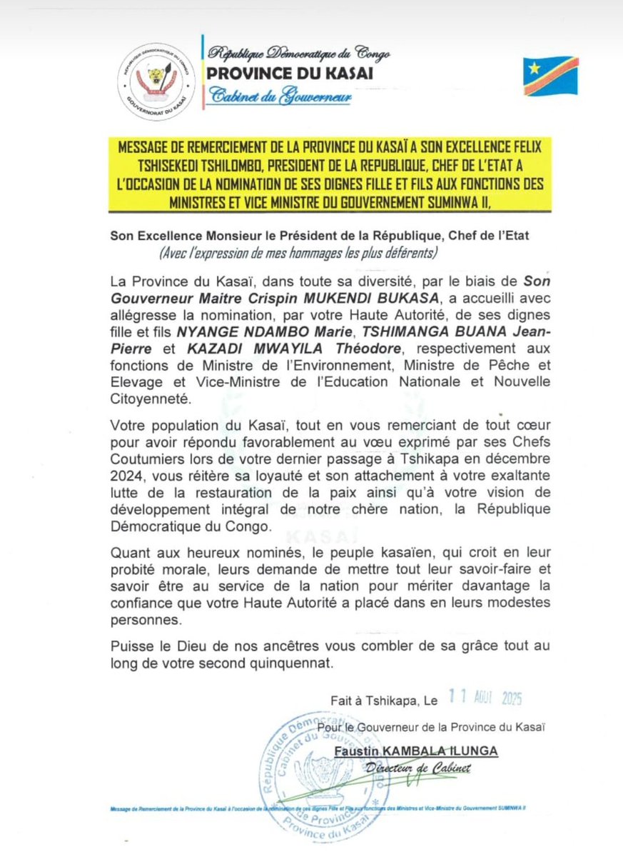 Ir Giane Lisasi🔆 (@lisas_giane) on Twitter photo 🇨🇩#RDC||kasai: Message de remerciement de la province du kasaï a SEM Félix TSHISEKEDI TSHILOMBO <a href="/fatshi13/">Félix A. Tshisekedi</a>, président de la République, chef de l'Etat, a l'occasion de la nomination de ses dignes fille et fils aux fonctions des ministres et vice ministre gouvernement #SUMINWA2. 🇨🇩#RDC||kasai: Message de remerciement de la province du kasaï a SEM Félix TSHISEKEDI TSHILOMBO <a href="/fatshi13/">Félix A. Tshisekedi</a>, président de la République, chef de l'Etat, a l'occasion de la nomination de ses dignes fille et fils aux fonctions des ministres et vice ministre gouvernement #SUMINWA2.