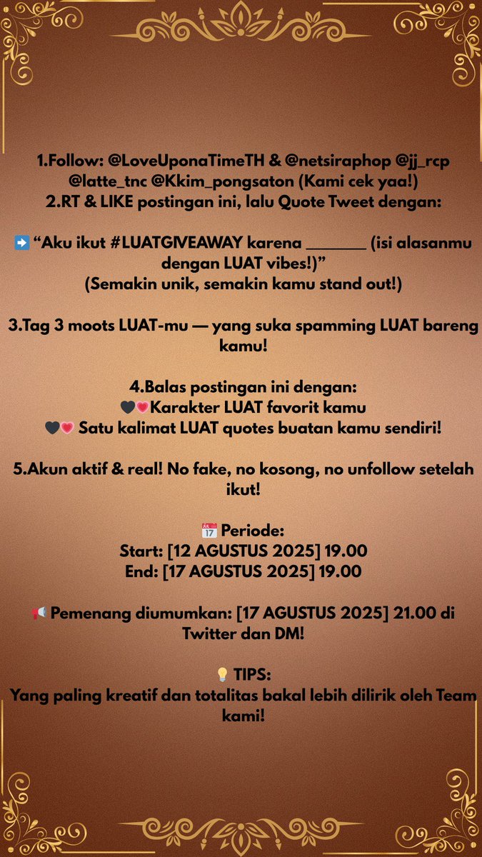 Netjjuniverseid's tweet photo. ✨🐰 LUAT BESTIE! GIVEAWAY ALERT! 🐰✨
Buat kalian yang selalu mendukung #LoveUponATimeSeries setulus hati… 💖
Kali ini PC OFFICIAL LUAT siap jadi milikmu!🔥
🎁 HADIAH:
📦 2 PC Official Love Upon A Time (random)
🏆 Total 8 orang pemenang — For The Real LUAT Bestie Only!
#ภพเธอTheSeries
#LoveUponATimeSeries
#NETJJ #netsiraphop #jj_rcp
#LatteKim #LatteTNC #kkim_pst
