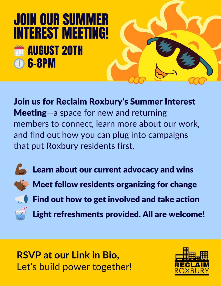 Want to get more involved in the fight for fair housing and economic justice in Roxbury? Join our Summer Interest Meeting! Whether you’re a longtime neighbor or new to the area, your voice matters in shaping the future of our community. Don't forget to RSVP (link in bio)!