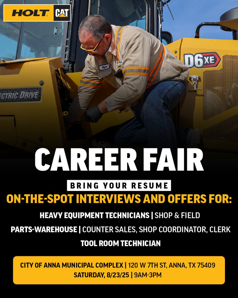 We're Hiring! Join us at our #CareerFair, Saturday, August 23 | 9 AM – 3 PM!
📍 City of Anna Municipal Complex
120 W 7th St, Anna, TX 75409

Looking to grow your career? We’re hiring for:
🔧 Heavy Equipment Technicians
📦 Parts Warehouse Staff
🧰 Tool Room Technicians

Come